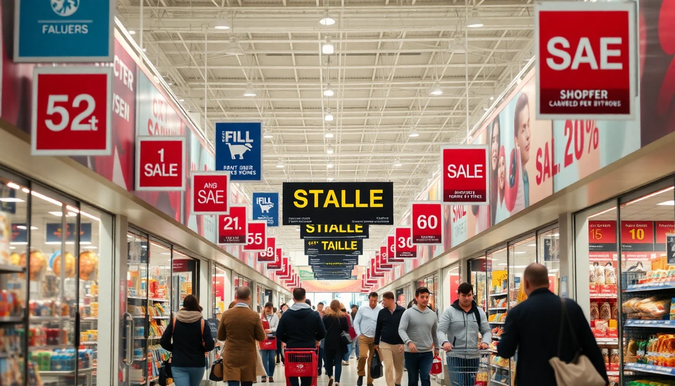 Busy store with sale signs